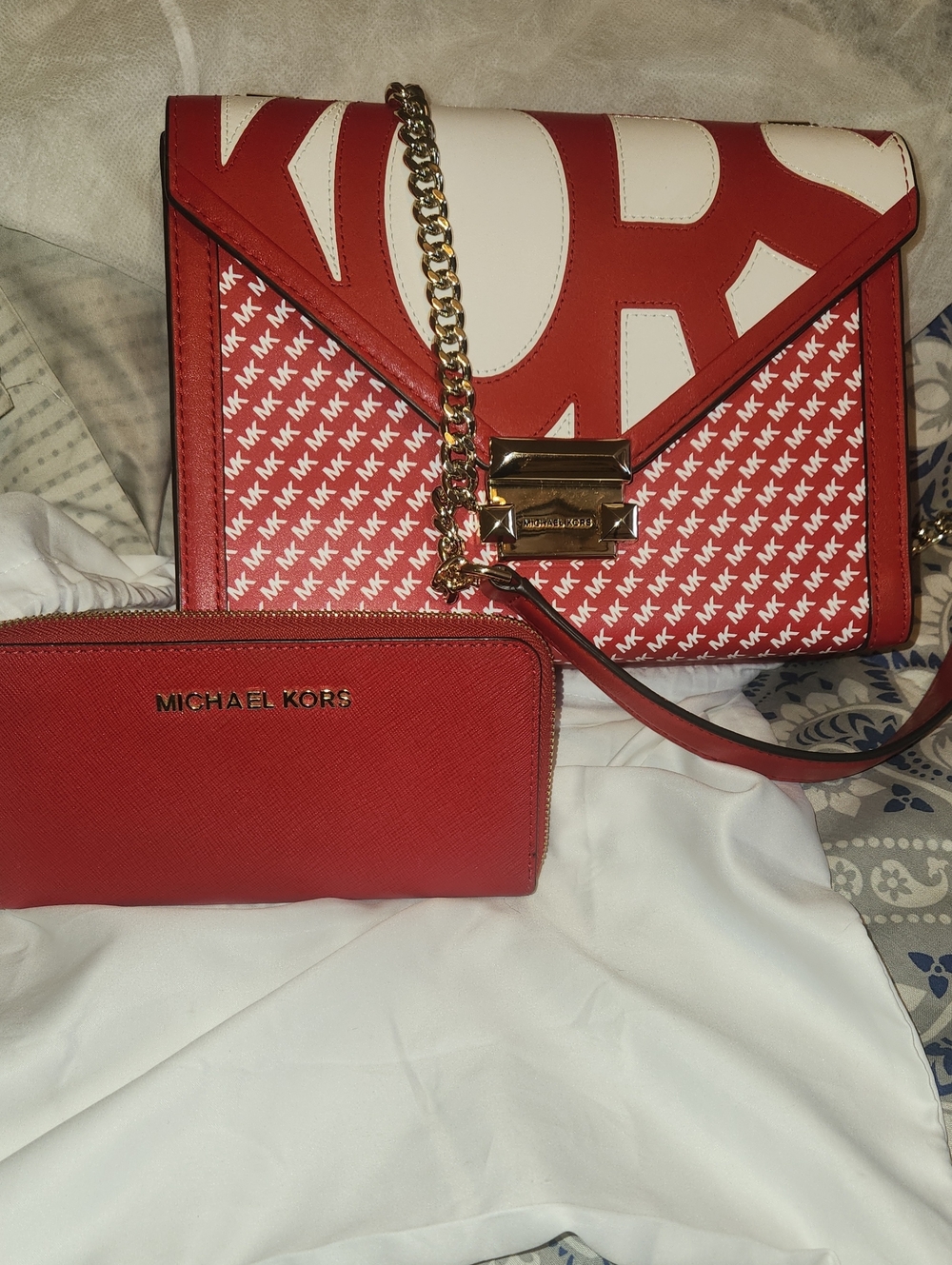 Michael Kors Red and White Logo Chain Crossbody with Matching Red Wallet